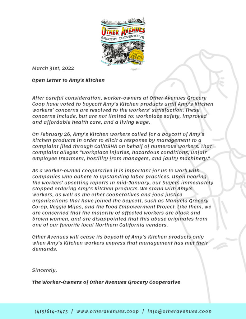 Boycott Letter to Amy's Kitchen 